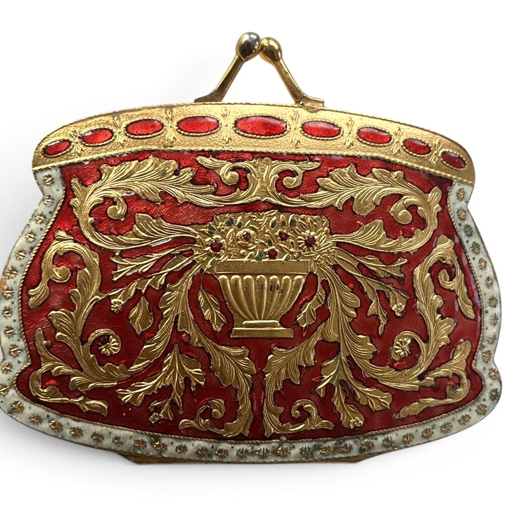 Antique Italian Gold Ormolu Enamel Compact Purse 1900s Vintage RARE